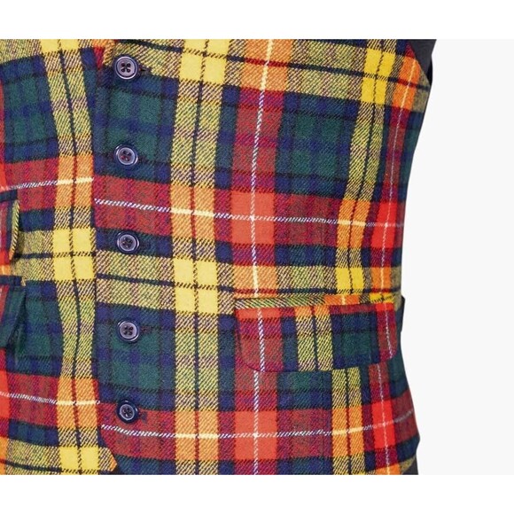Mens Waistcoat Suit Lapel Vest 40R Multicolor Tartan Plaid Wool Formal Wedding - Picture 6 of 8